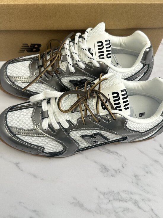 Miu Miu Shoes - MIU MIU Silver-White Vintage-Style Color-Block Casual Sneakers with Double Laces